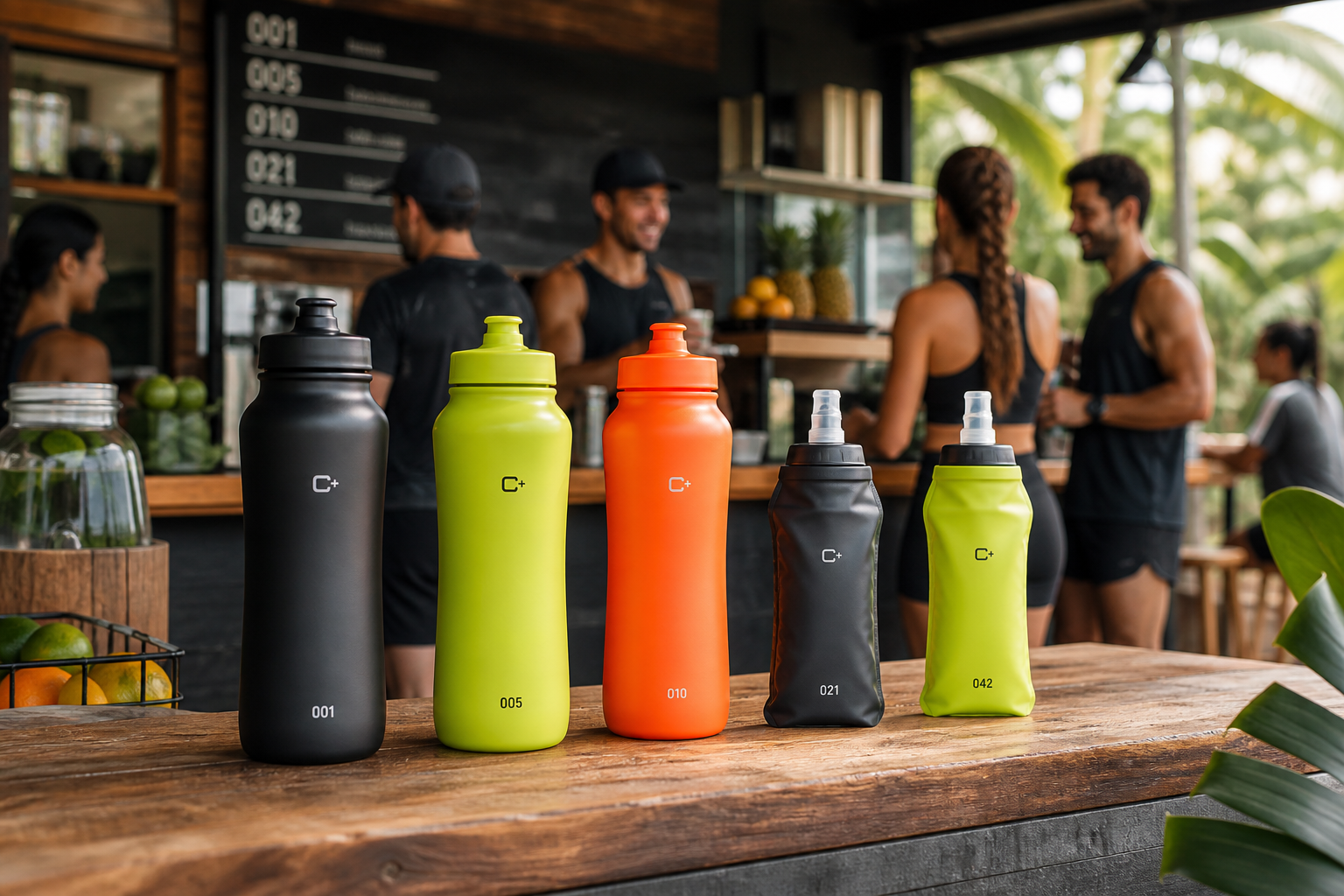 C+ reusable running bottles at the community juice bar