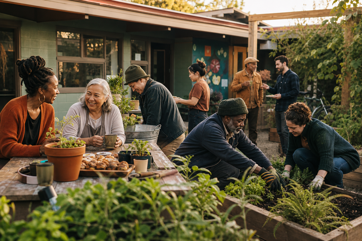 Neighbors connecting as they create a community garden together