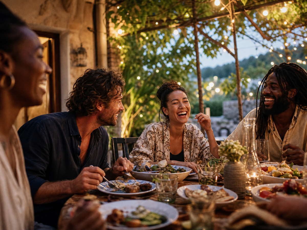 Friends laughing over a relaxed shared meal