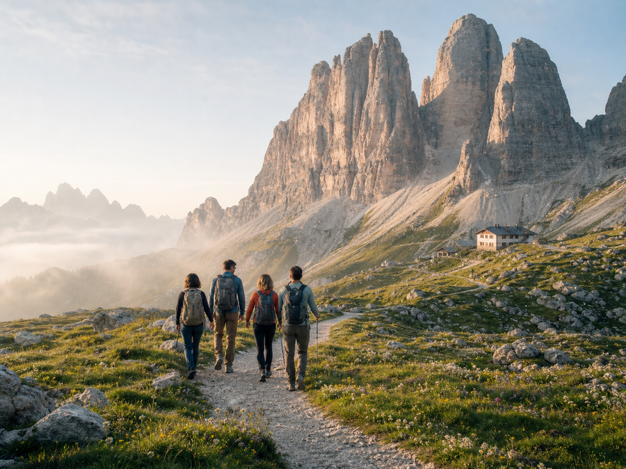 Hikers approaching the limestone towers of the Italian Dolomites