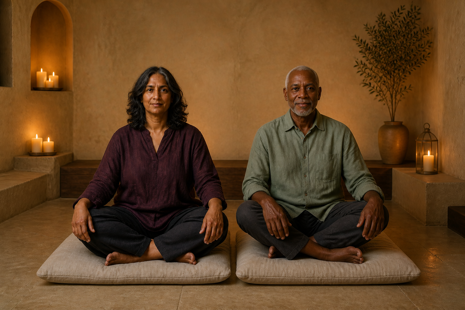 Two learners seated comfortably in a restrained candlelit meditation room