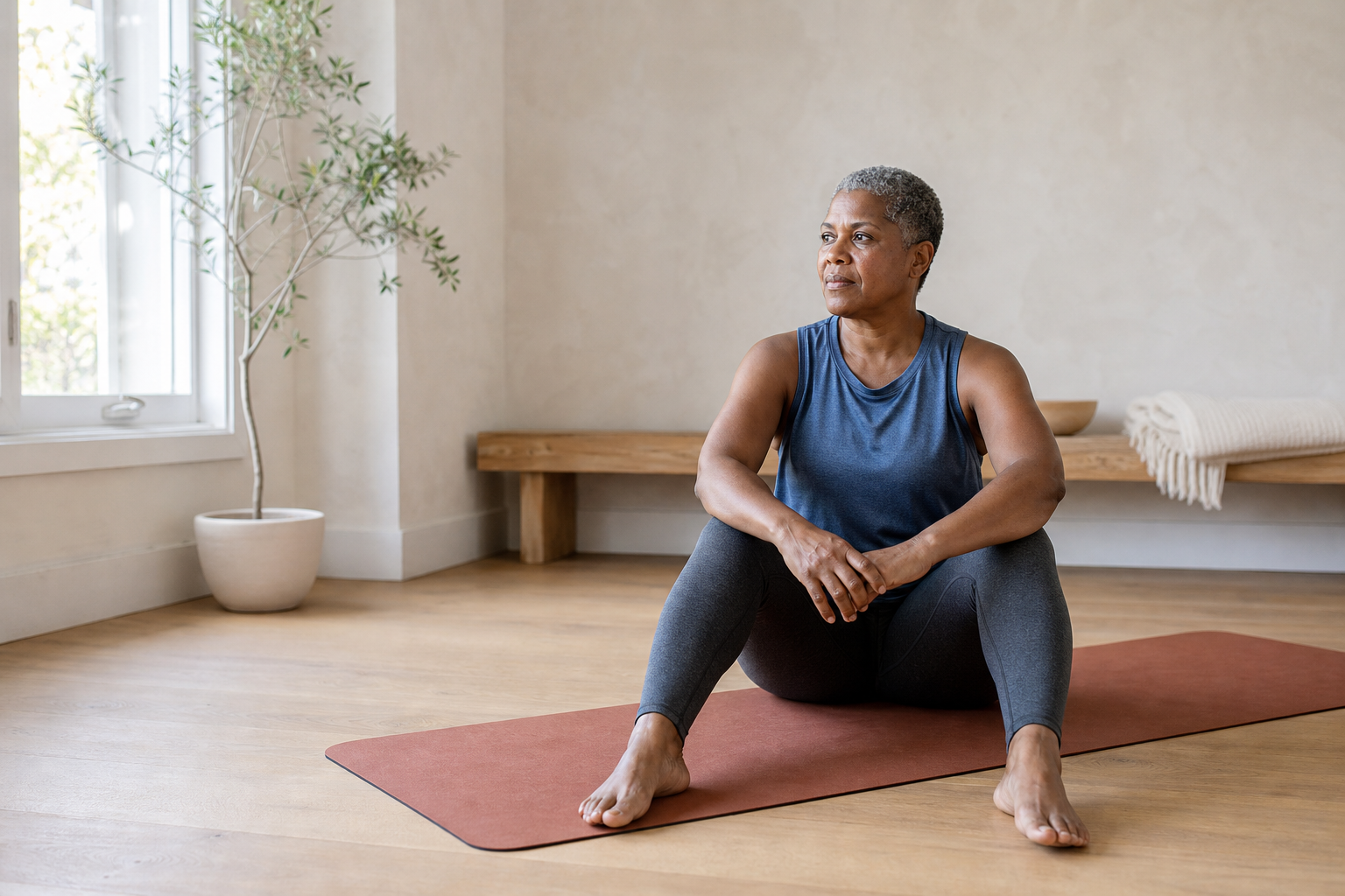 A learner practicing an accessible Pilates bridge