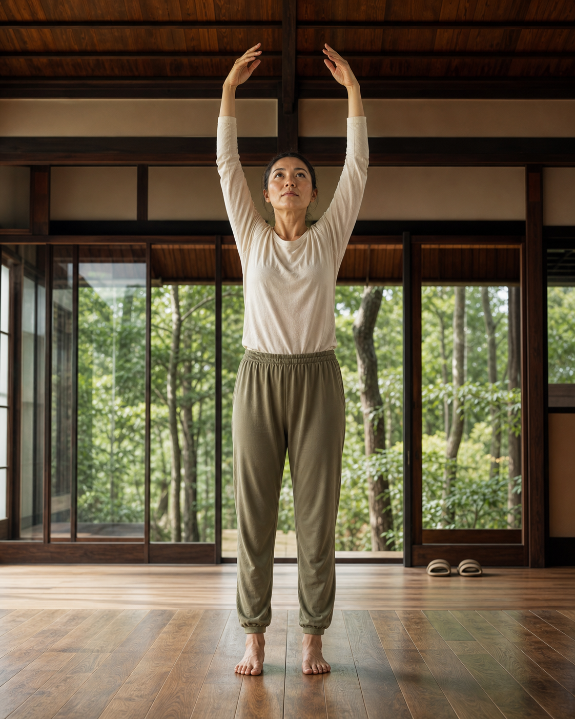 Practitioner demonstrating the upward reach before a gentle waterfall return