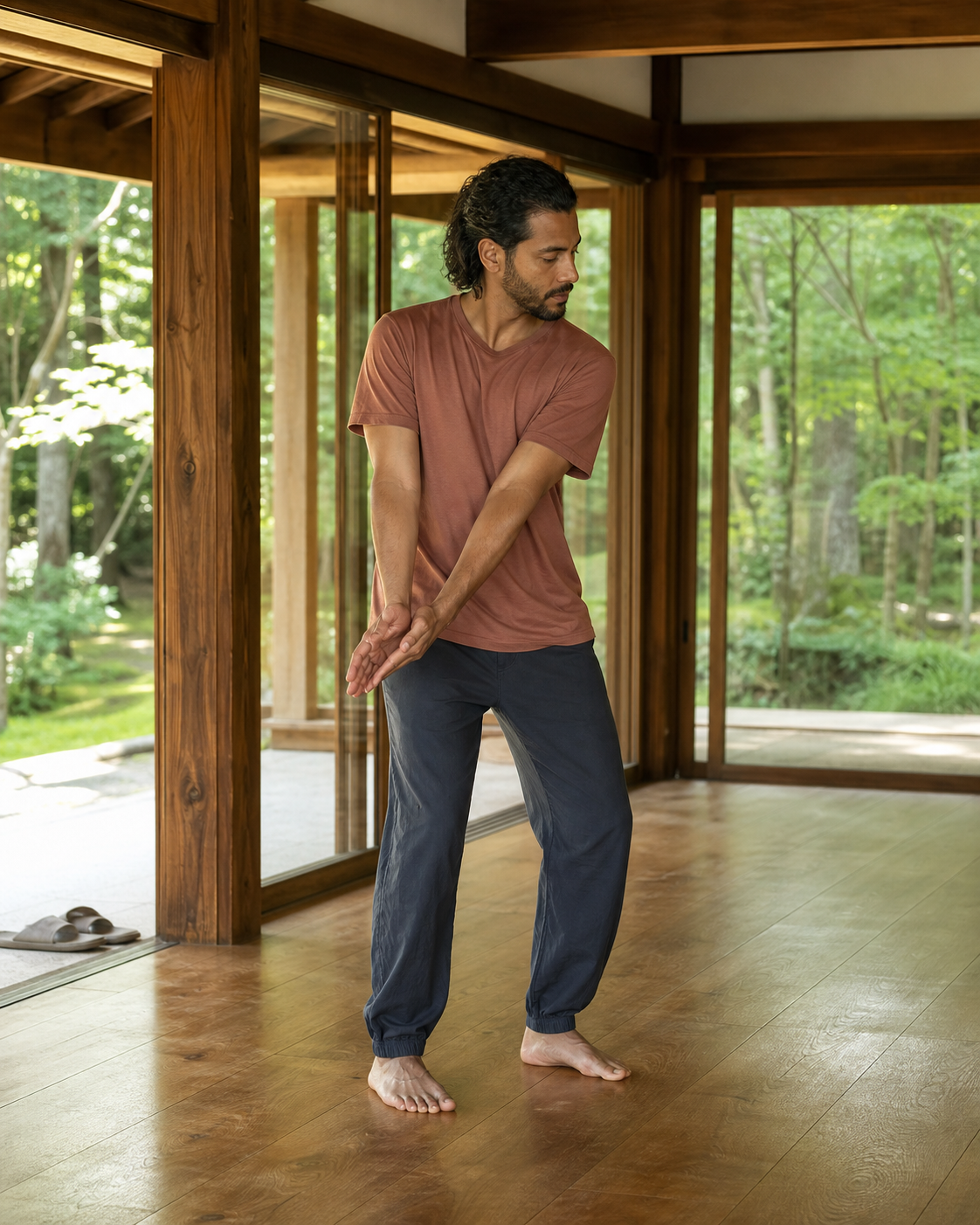 Practitioner demonstrating a small diagonal whole-body arm arc