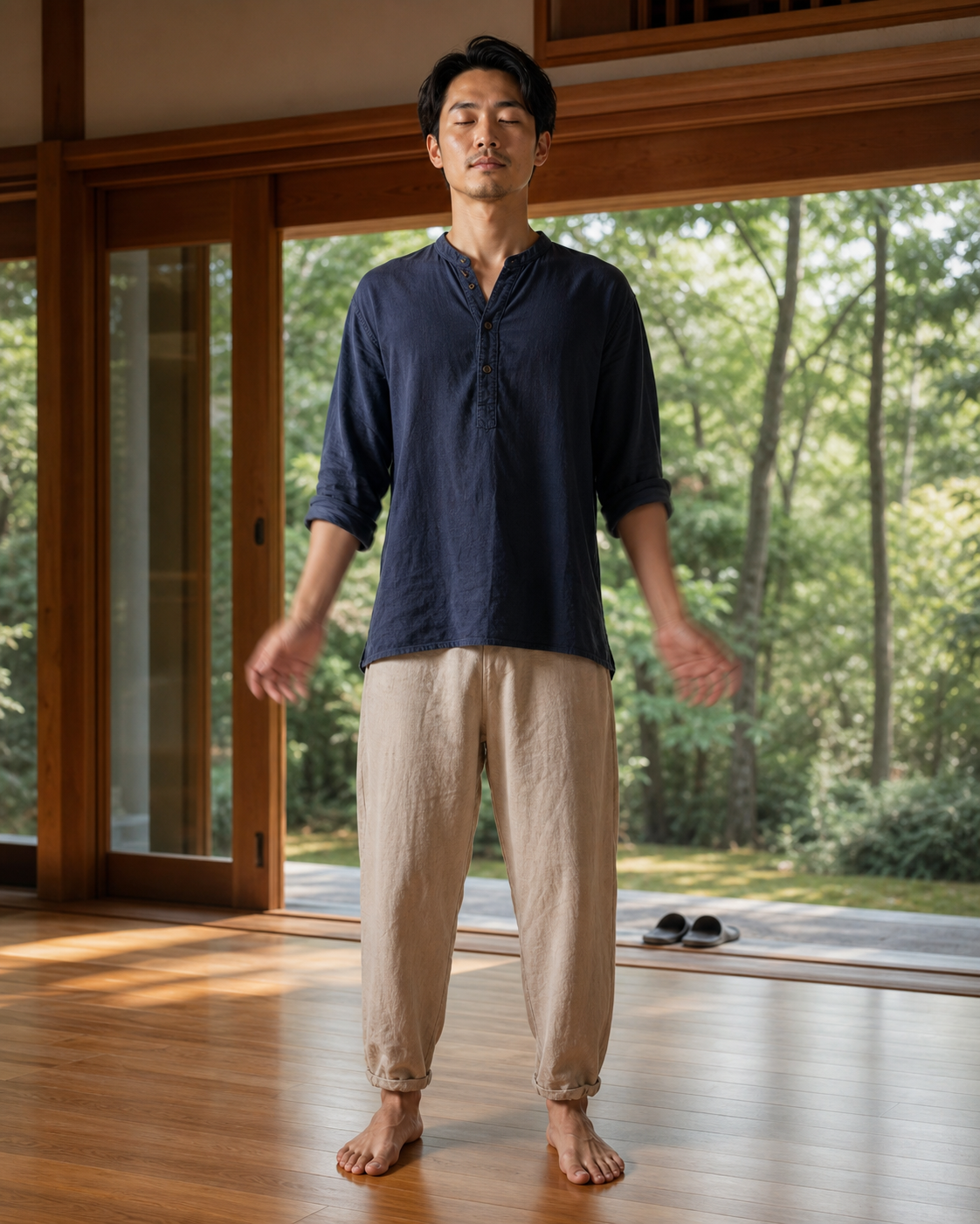 Practitioner gently shaking relaxed hands beside the body