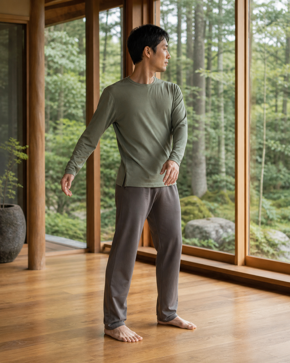 Practitioner demonstrating a small comfortable standing torso turn