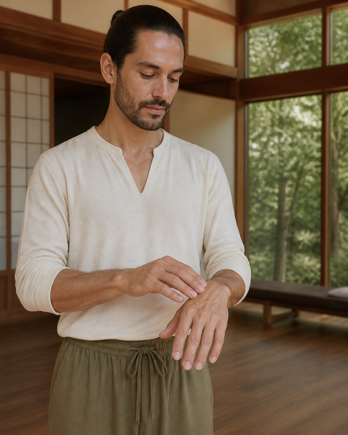 Practitioner showing light contact across the hand and wrist