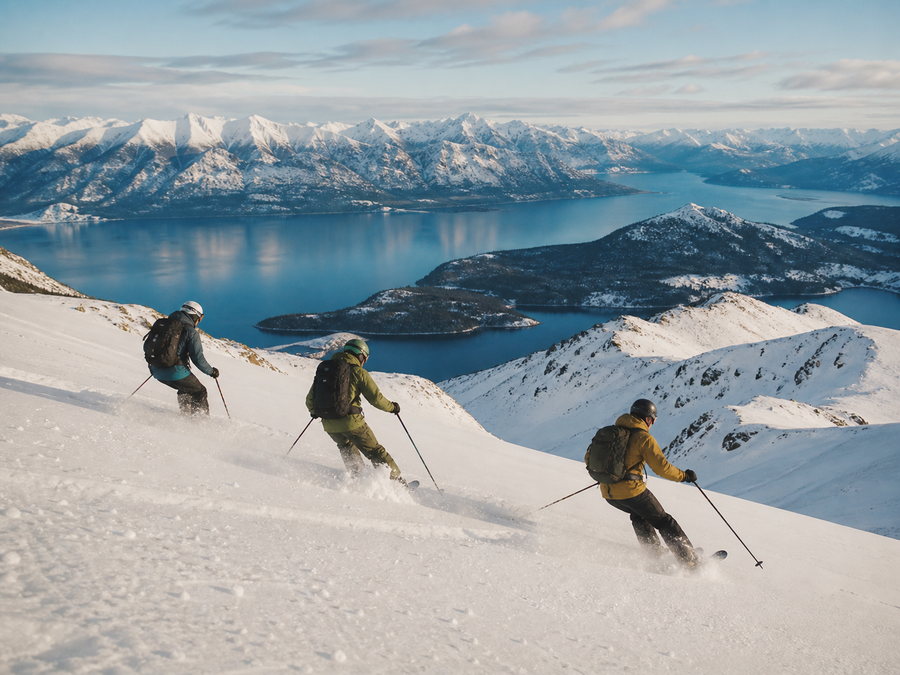Skiers descending above a Patagonian lake near Bariloche