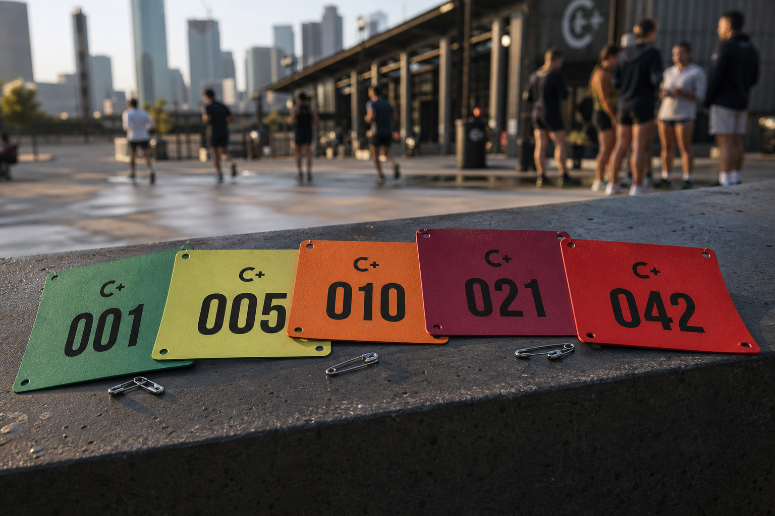 C+ race bibs showing the academy progression colors